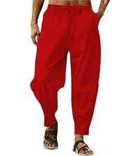 Mens Casual Linen Pants Loose Fit Elastic Drawstring Waist Straight-Legs