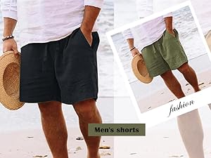 Men''s Shorts Casual Elastic Waist Solid Color Cotton Linen Lightweight Shorts with Multi-Pockets