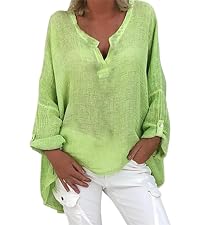 Women''s Button Down V Neck Shirts Cotton Linen Long Sleeve Office Work Blouse Business Plain Tops