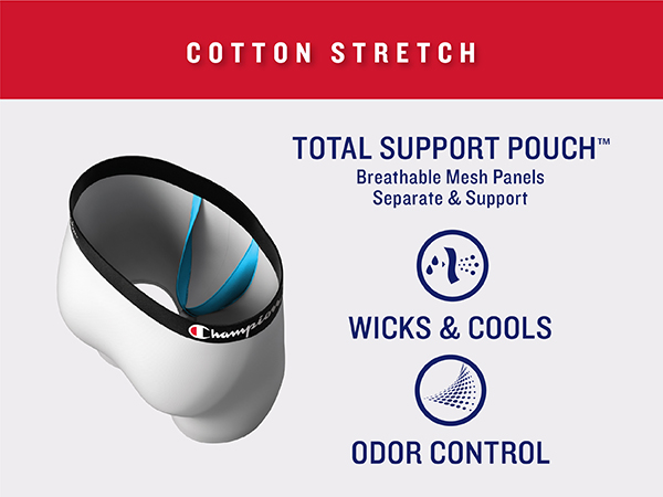 Champion cotton stretch total support pouch breathable mesh panels wicks and cools odor control