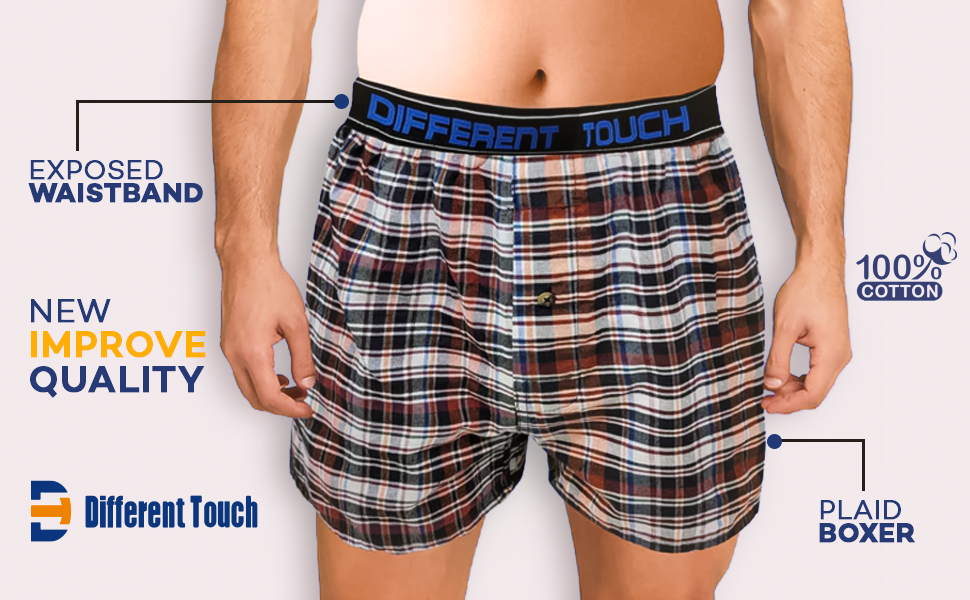 Boxer shorts Men''s underwear Plaid pattern Woven fabric Exposed waistband Comfortable fit Casual