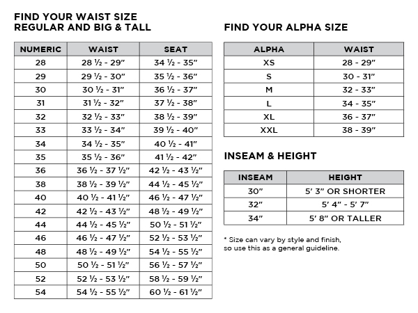 Mens Bottoms Size Chart