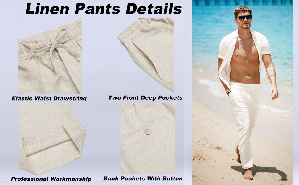 COOFANDY Men''s Linen Pants Casual Elastic Waist Drawstring Beach Trousers