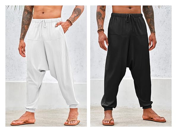 PASLTER Mens Harem Pants Baggy Casual Cotton Linen Boho Yoga Drop Crotch Hippie Trouser