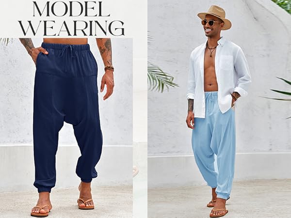 PASLTER Mens Harem Pants Baggy Casual Cotton Linen Boho Yoga Drop Crotch Hippie Trouser