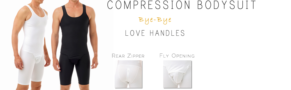 Underworks Compression Bodysuit with Rear Zipper, cotton pouch crotch, crotch fly opening, 956