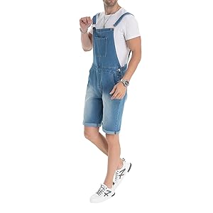 short bib overalls for men jean summer slim fit loose stretch blue jumpsuit suit pants fashion