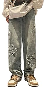 Men''s Straight Loose Fit Jeans Star Patch Embroidery Jeans Trendy Denim Pant