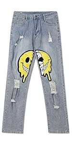 Punk Smiley Patchwork Men''s Ripped Distressed Destroyed Straight Fit Washed Denim Jeans