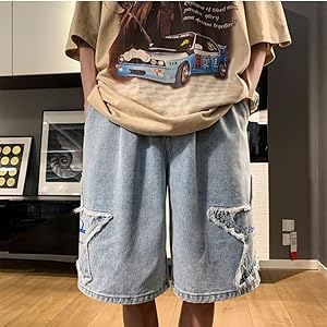 Men''s Star Patchwork Denim Shorts Y2K Summer Wide Leg Loose Hip-hop Jeans Shorts