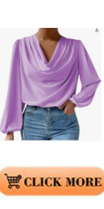 B0CBQBTD9W Draped Cowl Neck Long Sleeve Tops for Women Elegant V Neck Casual Satin Chiffon Shirts