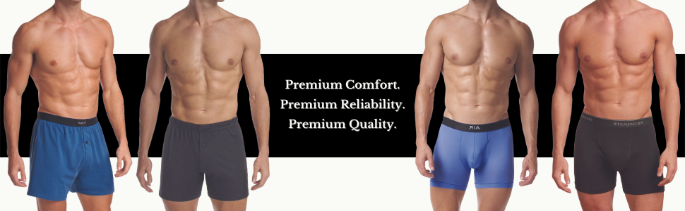 Premium comfort, reliability, and quality graphic with men in boxers