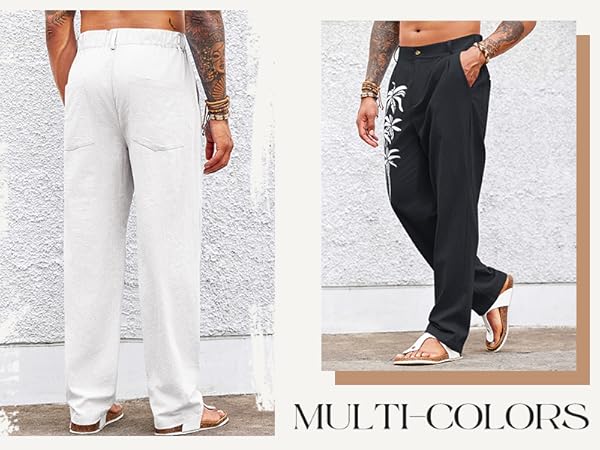 PASLTER Mens Cotton Linen Pants Casual Elastic Waist Loose Fit Summer Beach Hawaiian Yoga Trousers