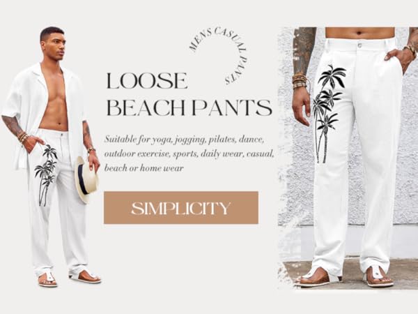 PASLTER Mens Cotton Linen Pants Casual Elastic Waist Loose Fit Summer Beach Hawaiian Yoga Trousers