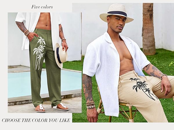 PASLTER Mens Cotton Linen Pants Casual Elastic Waist Loose Fit Summer Beach Hawaiian Yoga Trousers