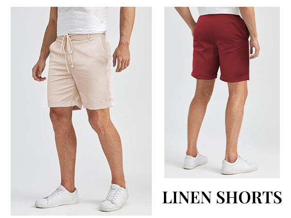  Men''s Linen Casual Classic Short Elastic Waist Summer Beach Lightweight Board Slim-Fit with Pockets