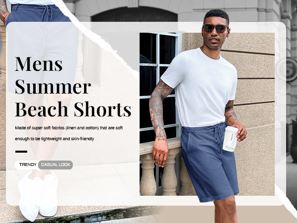  Men''s Linen Casual Classic Short Elastic Waist Summer Beach Lightweight Board Slim-Fit with Pockets