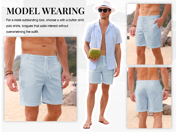  Men''s Linen Casual Classic Short Elastic Waist Summer Beach Lightweight Board Slim-Fit with Pockets