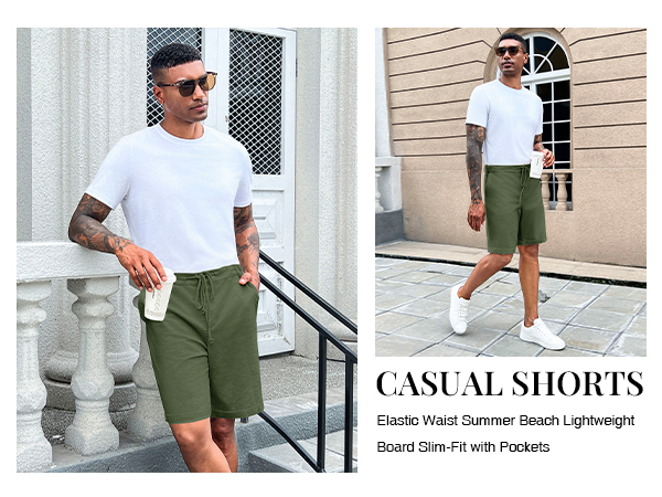  Men''s Linen Casual Classic Short Elastic Waist Summer Beach Lightweight Board Slim-Fit with Pockets