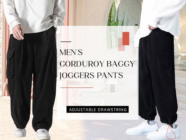 Men''s Casual Corduroy Pants Drawstring Waist Straight Leg Cargo Pants Loose Fit