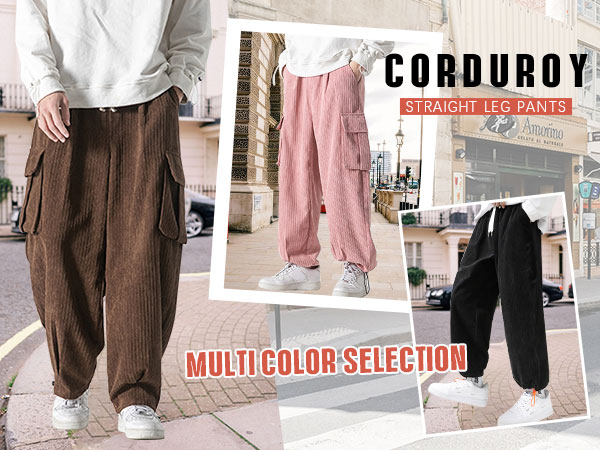 Men''s Casual Corduroy Pants Drawstring Waist Straight Leg Cargo Pants Loose Fit