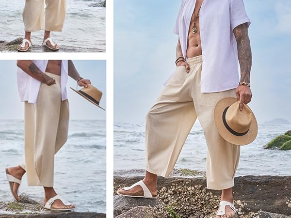 Mens Linen Capri Pants Elastic Waist Casual Lightweight Loose Fit Summer Beach Yoga Pants