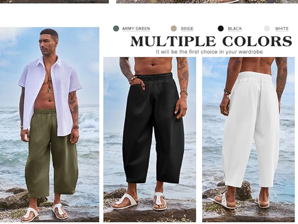 Mens Linen Capri Pants Elastic Waist Casual Lightweight Loose Fit Summer Beach Yoga Pants