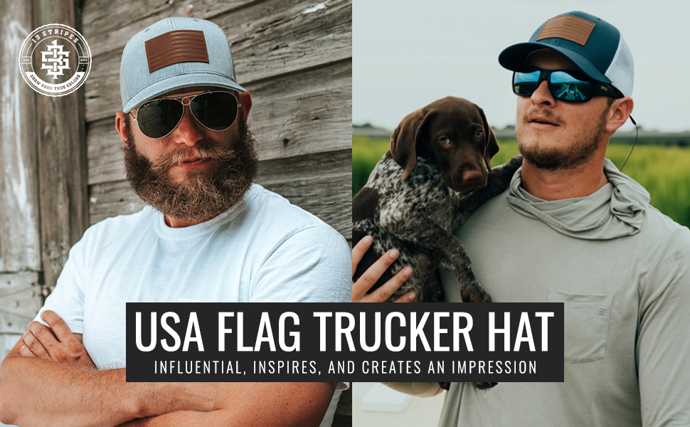 USA flag trucker hats with quality leather patches. Great for outdoor use.