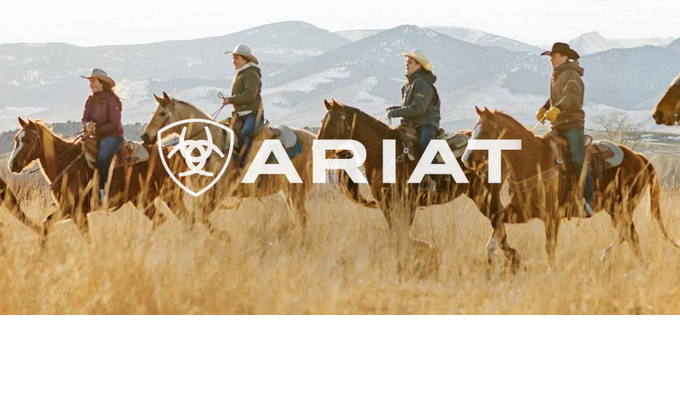 Family riding horses wearing Ariat clothing.