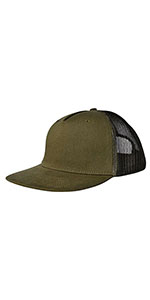 5P-Mesh Back Trucker Flat Brim Hat-Olive