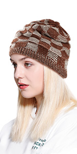 zowya Plaid Knit Beanie Hat Lattice Design