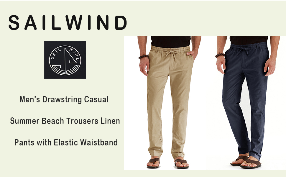 Sailwind Men''s Drawstring Casual Summer Beach Trousers Linen Pants with Elastic Waistband