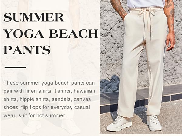 Mens Cropped Pants Casual Drawstring Elastic Waist Loose Fit Cotton Summer Beach Yoga Pant