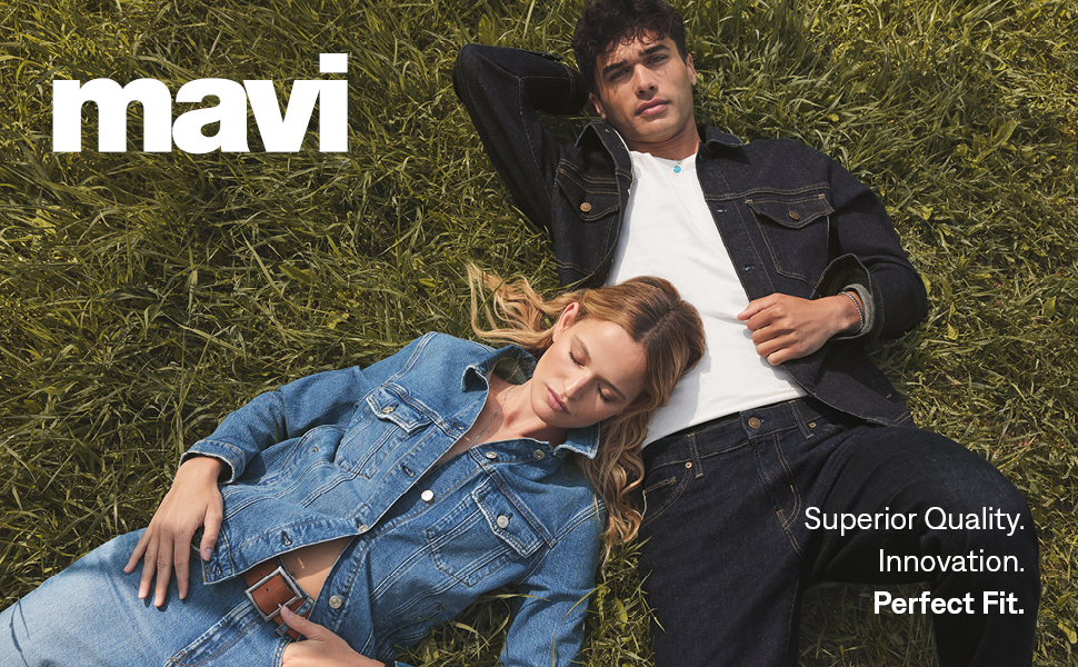 Mavi jeans man and woman lying on grass