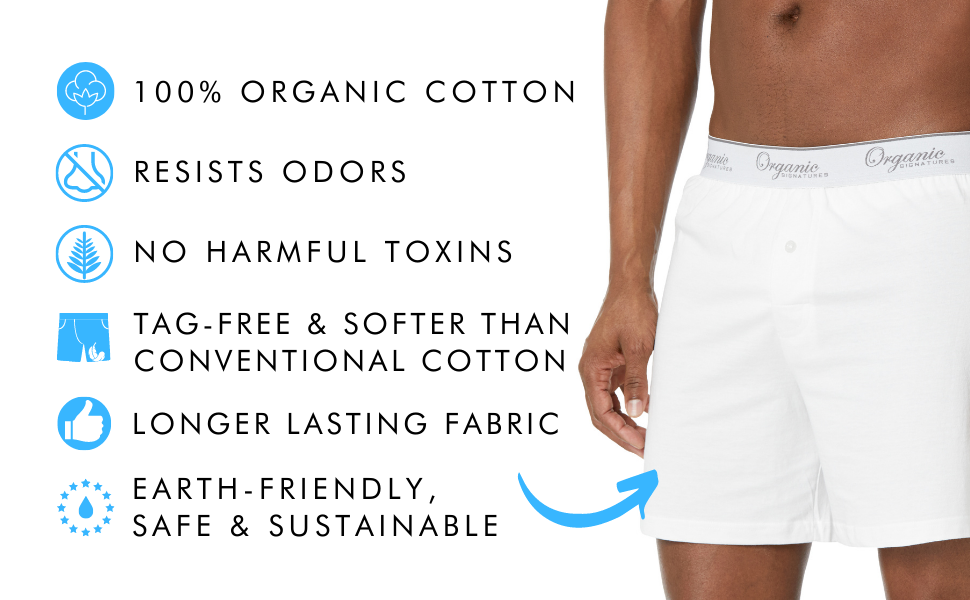 100% Organic Soft Cotton Boxers shown are odor-resistant, contain no toxins, are climate-friendly