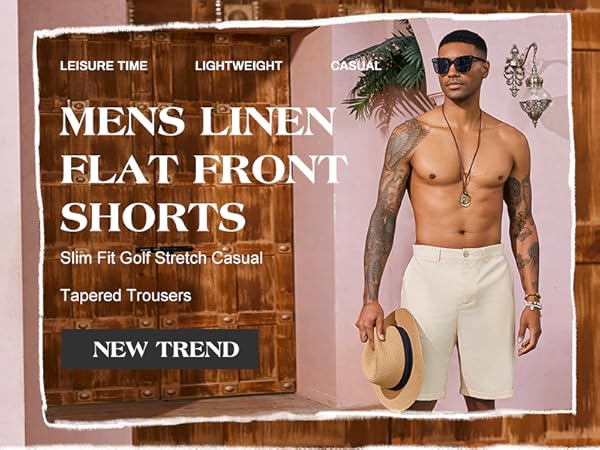 Mens Linen Flat Front Shorts Casual Elastic Waist Lightweight Regular Fit Summer Beach Shorts