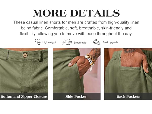 Mens Linen Flat Front Shorts Casual Elastic Waist Lightweight Regular Fit Summer Beach Shorts