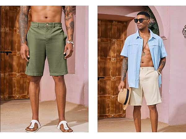 Mens Linen Flat Front Shorts Casual Elastic Waist Lightweight Regular Fit Summer Beach Shorts