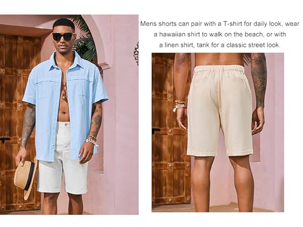 Mens Linen Flat Front Shorts Casual Elastic Waist Lightweight Regular Fit Summer Beach Shorts