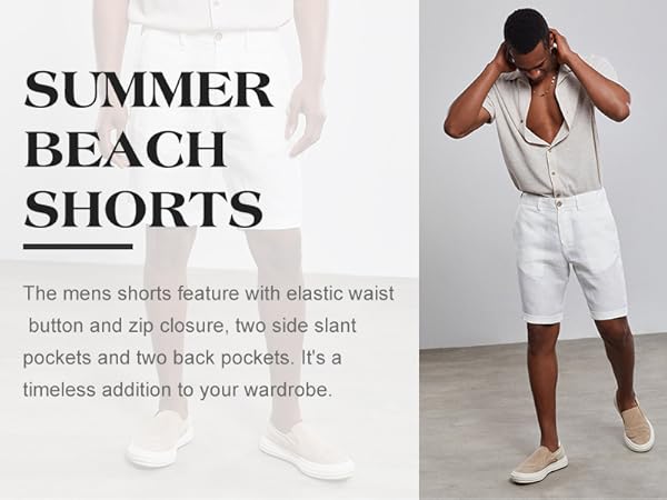 Mens Linen Flat Front Shorts Casual Elastic Waist Lightweight Regular Fit Summer Beach Shorts