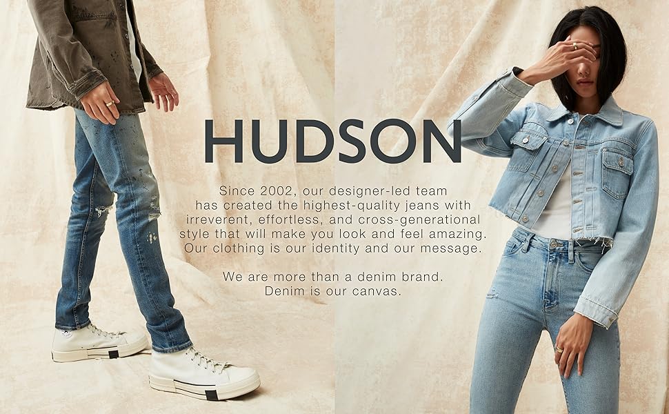 Two people wearing Hudson jeans.