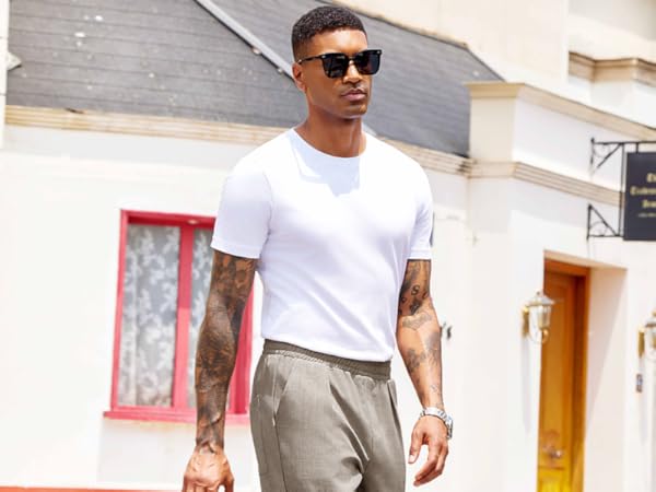  PASLTER Mens Casual Flat Front Pants Business Dress Slacks Elastic Waist Drawstring Loose Pants