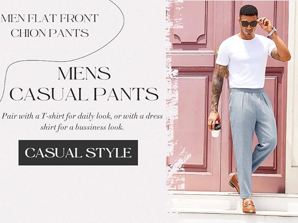  PASLTER Mens Casual Flat Front Pants Business Dress Slacks Elastic Waist Drawstring Loose Pants