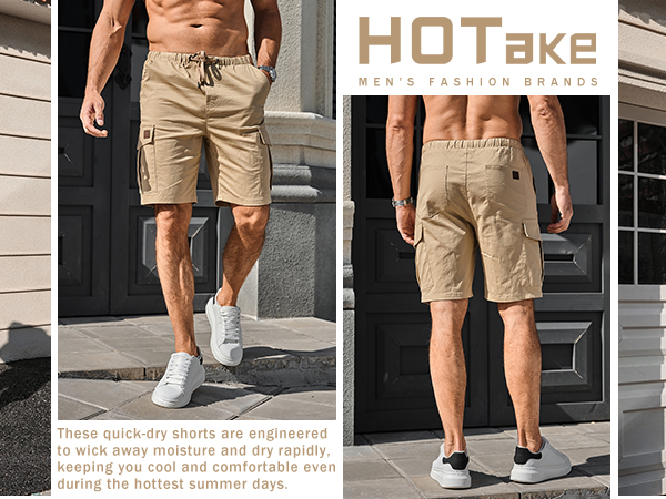 HOTake Men&#39;s Casual Cargo Jogger Shorts Drawstring Elastic Waist Summer Beach Shorts