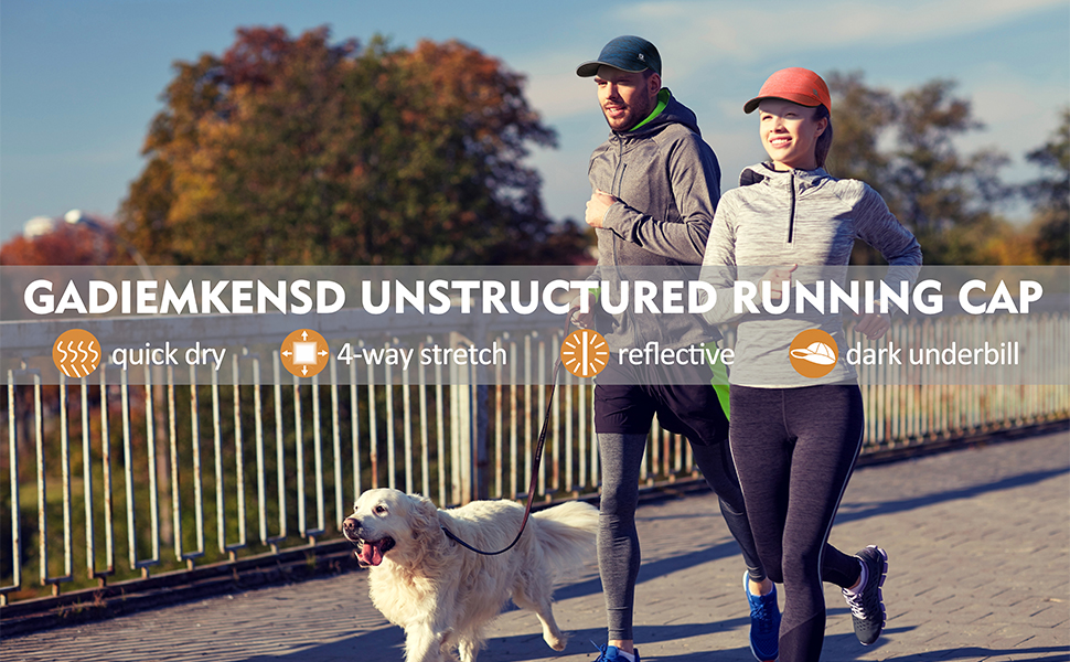 A man and woman wearing GADIEMKENSD running cap while running and walking their dog