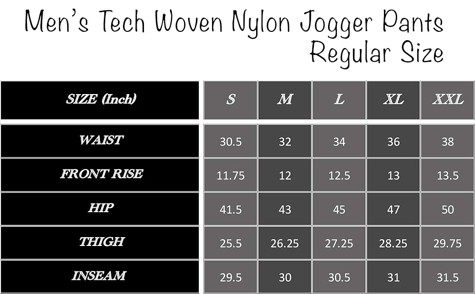 tech woven pants size chart