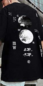 Moon Space NASA Tshirt Cyberpunk Graphic T Men''s Loose Couple Goth Black Tee