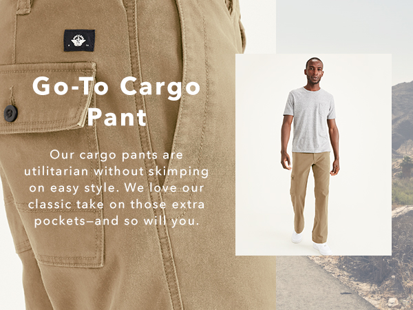 Image collage with text and photograph of a male model in Go-To Cargo pants