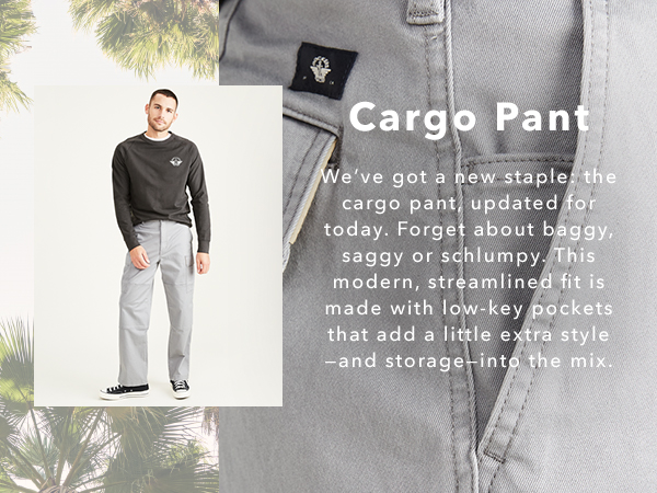 Image collage with text and photograph of a male model in Cargo pants