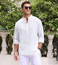 Mens Cotton Linen Henley Shirt Long Sleeve Hippie Casual Beach T Shirts